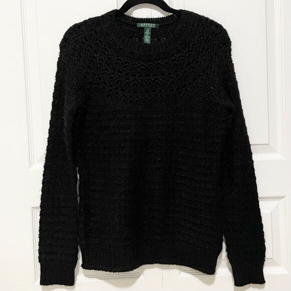 Women Lauren Ralph Lauren Pointelle Crewneck Sweater Pullover in Black Medium - Picture 2 of 7